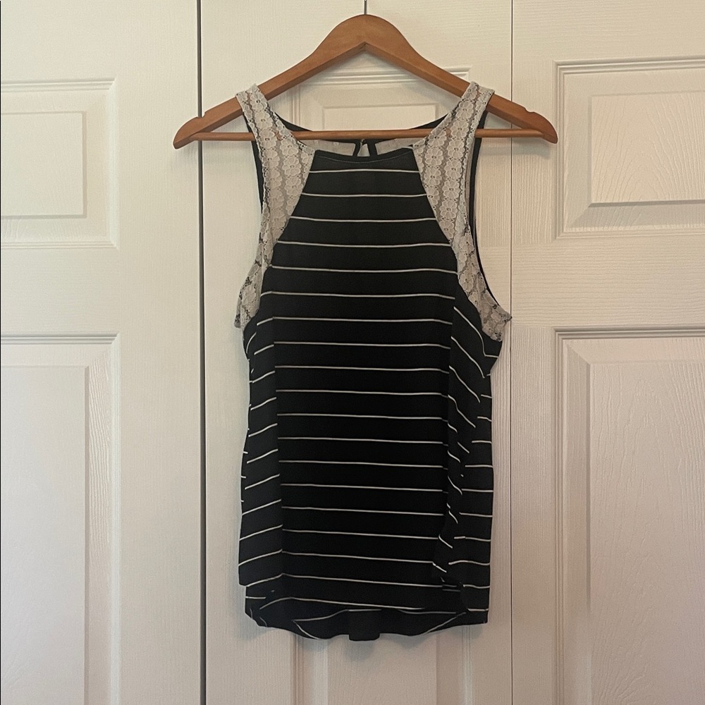 Self Esteem Black and White Striped Tank Top with Lace